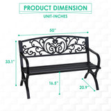 FDW Outdoor 50 Inches Garden Bench, Slatted Seat Armrests Floral Design Backres and Arch Legs, Perfect for Park, Yard, Porch, Lawn, Balcony, Backyard, Black FDW