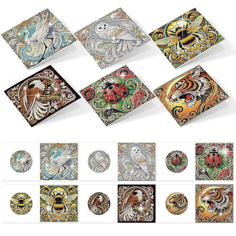 6 Pack Animal Diamond Art Greeting Cards with Envelopes, DIY 5D Diamond Painting Card Kit Featuring Phoenix Owl Bee Eagle Ladybug and Tiger, Handmade Rhinestone Craft Cards for Birthday and Holiday AiYuanzsh