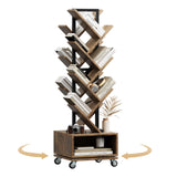 iabifo 49" Rotating Tree Bookshelf, 7 Tier Double Sided Shelf, Wood Corner Bookshelf with Wheels, 360 Display Spinning Bookcase Storage Rack, Ideal for Small Rooms, Easy Assembly, Rustic Brown iabifo