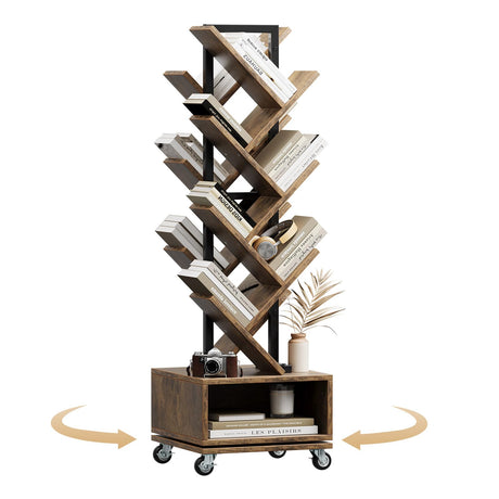 iabifo 49" Rotating Tree Bookshelf, 7 Tier Double Sided Shelf, Wood Corner Bookshelf with Wheels, 360 Display Spinning Bookcase Storage Rack, Ideal for Small Rooms, Easy Assembly, Rustic Brown iabifo