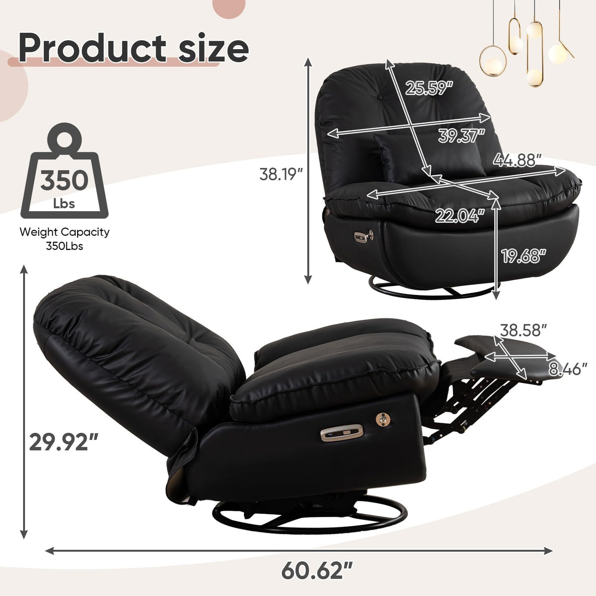 Oversized Electric Recliner Chair, 360 Swivel Rocking Glider Rocker for Adults Modern Ergonomic Lounge for Living Room Phone Stand& Smart Control Theater Seating (Black, Silicone Leather) Deolme