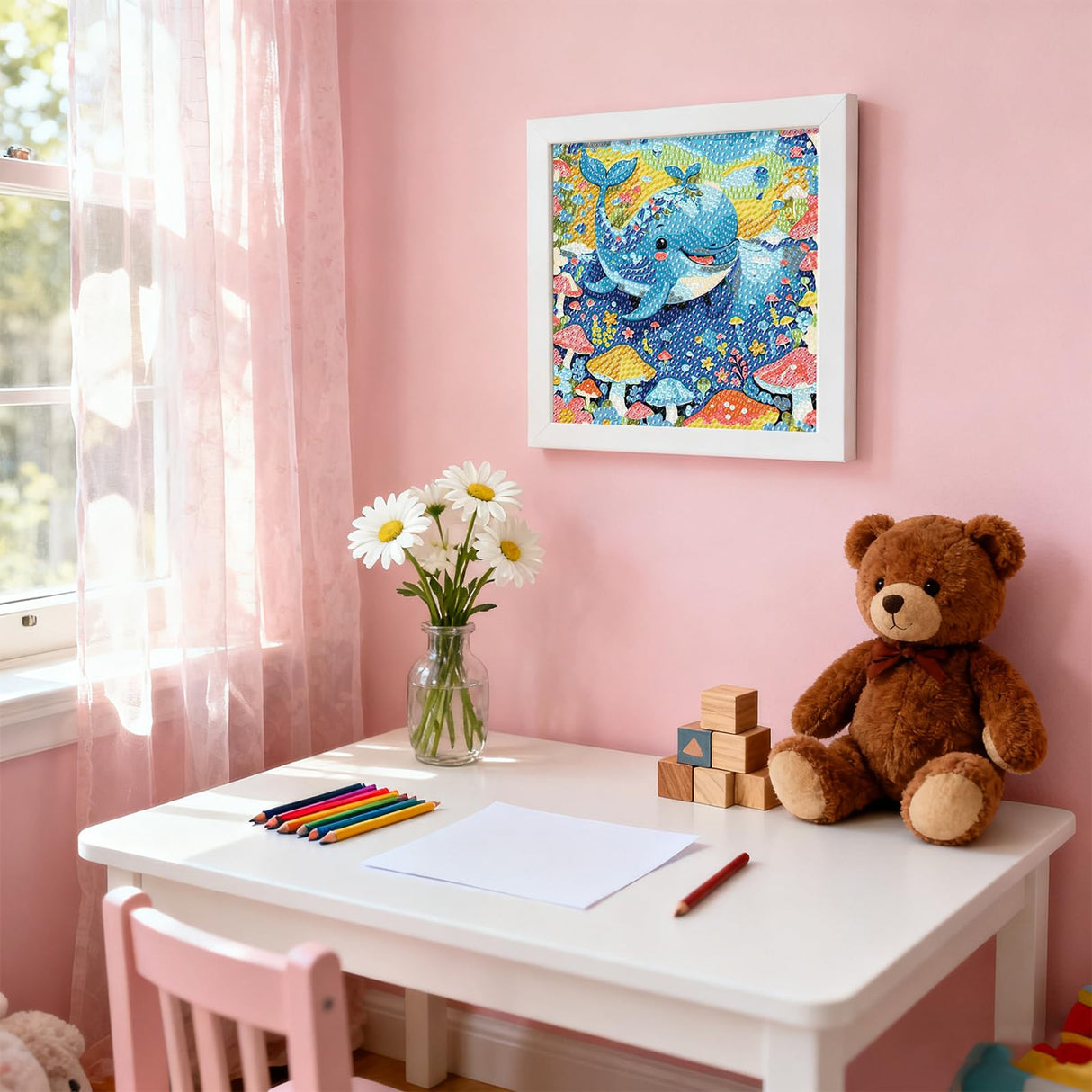 PERFECTSIGHT Cute 5D Diamond Art Kits with Wooden Frame, Kawaii DIY Painting Art for Adults Teen, Diamond Arts and Crafts Sets, Big Gem Full Drill Diamond Dots for Women Beginners (Whale) PERFECTSIGHT