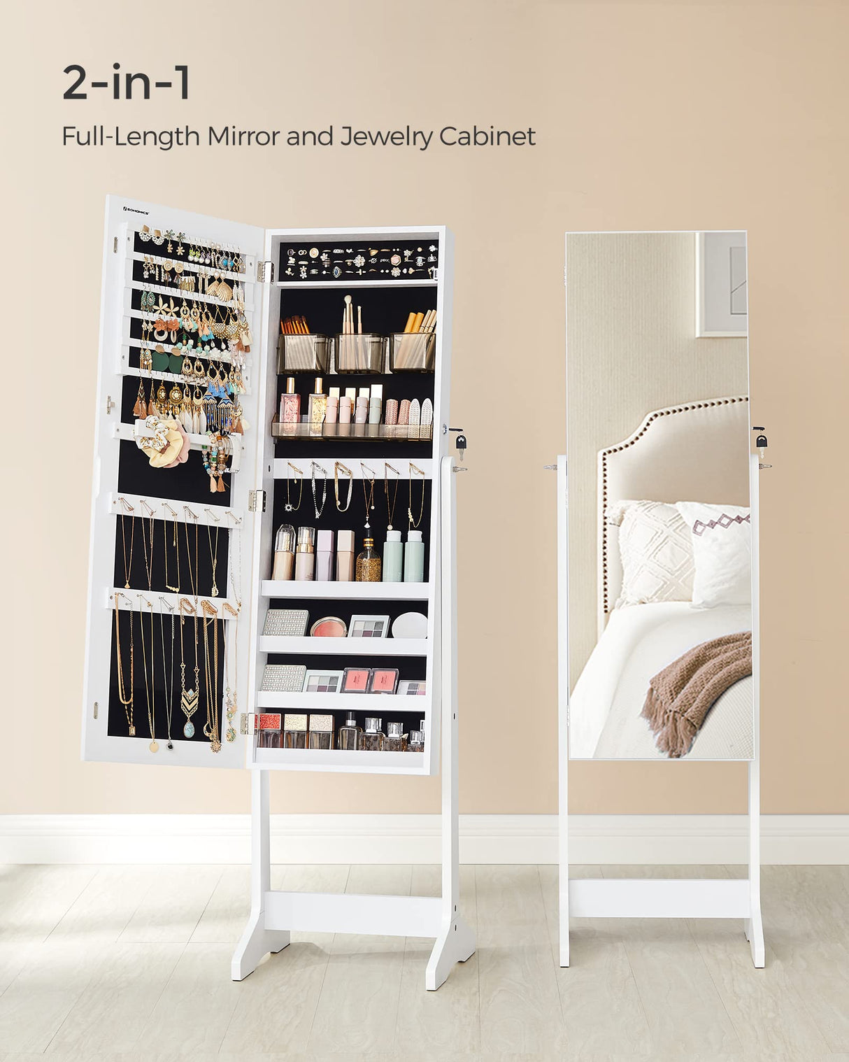 SONGMICS Jewelry Cabinet Armoire, Freestanding Lockable Storage Organizer Unit with 2 Plastic Cosmetic Storage, Full-Length Frameless Mirror, for Necklace Earring, White UJJC002W01 SONGMICS