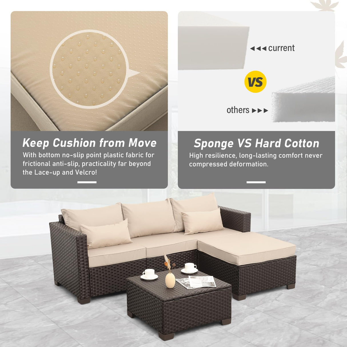 Oasishine Wicker Patio Furniture Patio Couch 3 Pieces Outdoor Sectional with Ottoman and Outdoor Storage Table with Lining Weathering Anti-Slip Cushions Furniture Covers, Khaki Oasishine