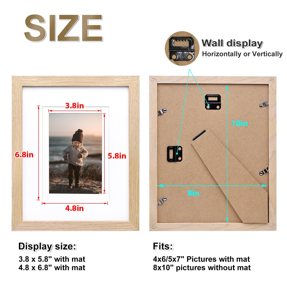 KINLINK 8x10 Picture Frames Natural Wood Frames with Acrylic Plexiglass for Pictures 4x6/5x7 with Mat or 8x10 without Mat, Tabletop and Wall Mounting Display, Set of 4 KINLINK