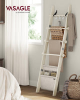 VASAGLE Blanket Ladder for Living Room, 5-Tier Wooden Ladder Shelf, Decorative Farmhouse Blanket Rack with Synthetic Leather Bag, Metal Hooks, Side Hooks, for Bedroom, Cream White ULLS022W01 VASAGLE