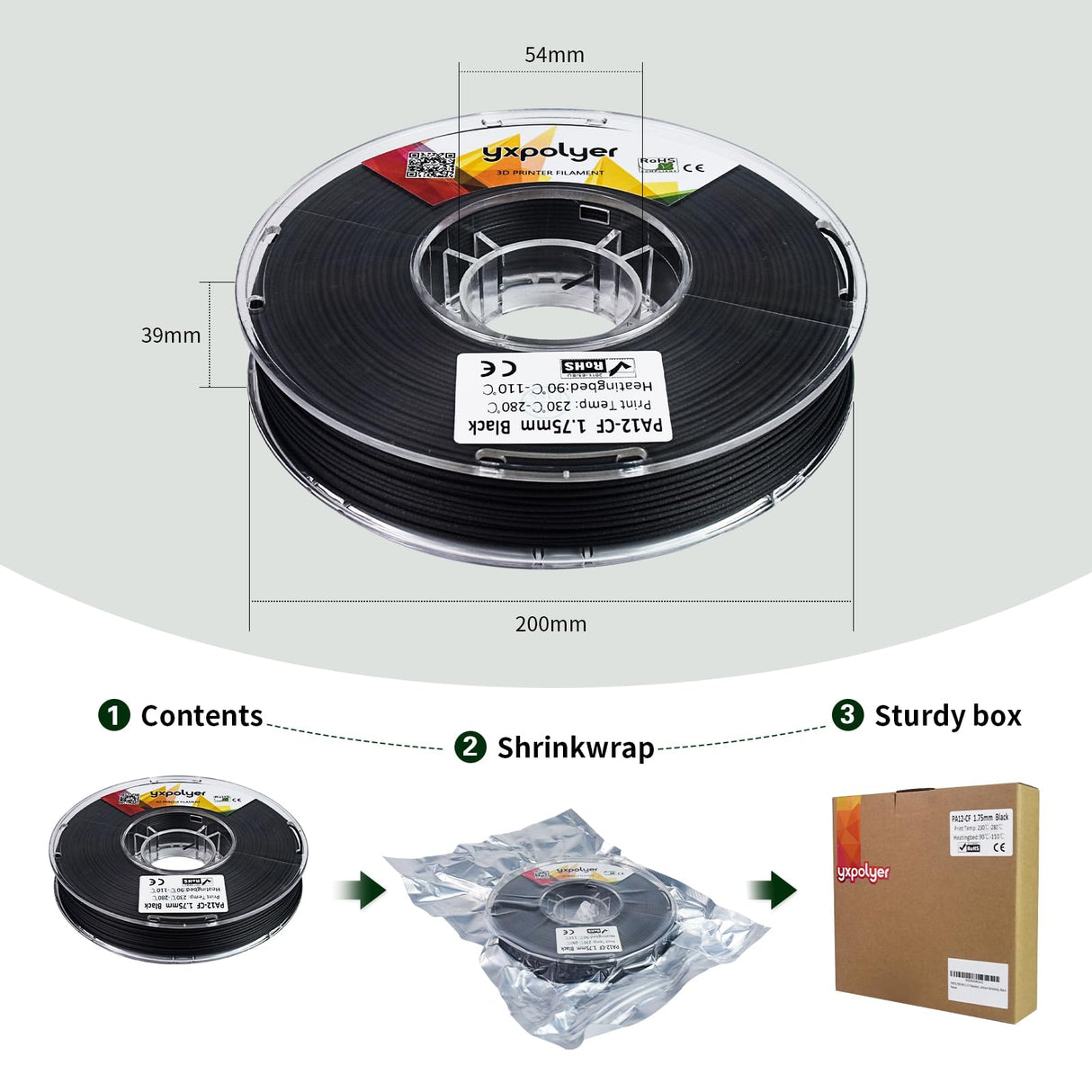 YXPOLYER PA12-CF Filament Chopped Carbon Fiber Nylon Filament 1.75mm 500g 1.1lbs Nylon Filament 1.75 3D Printer Filament yxpolyer
