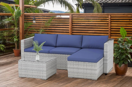 5-Piece Outdoor PE Wicker Patio Furniture Set, Water-Resistant Sectional Sofa With Plush Cushions, Tempered Glass Coffee Table & Ottoman, All-Weather Garden Conversation Set for Porch, Backyard, Blue ExploreHorizon
