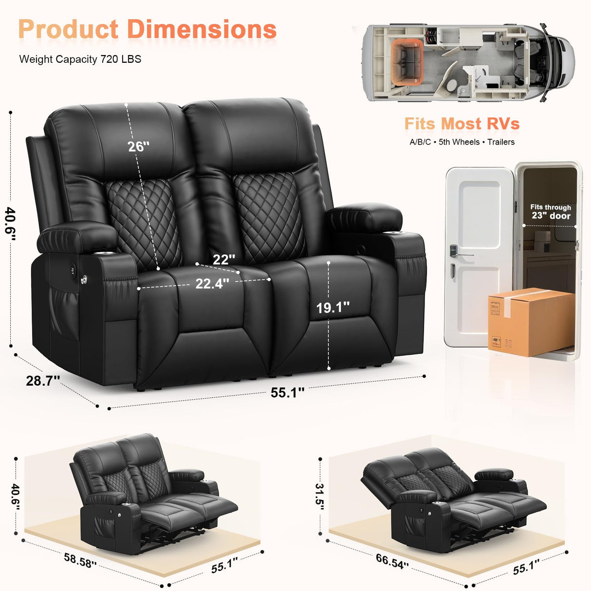 MOSGAT RV Loveseat Recliner Sofa, Reclining Loveseat Wall Hugger Recliners with USB Ports, Cup Holders, Insert Pockets, RV Recliners for Travel Trailers & Living Room, RV Furniture | RV Couch | Black MOSGAT