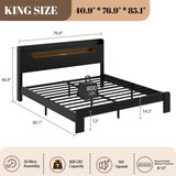 QNICE Wooden King Size Bed Frame with Storage Headboard & Charging Station, Farmhouse Platform Bedframe with LED Lights & Metal Slats Support, Easy Assembly (Rustic Black) QNICE