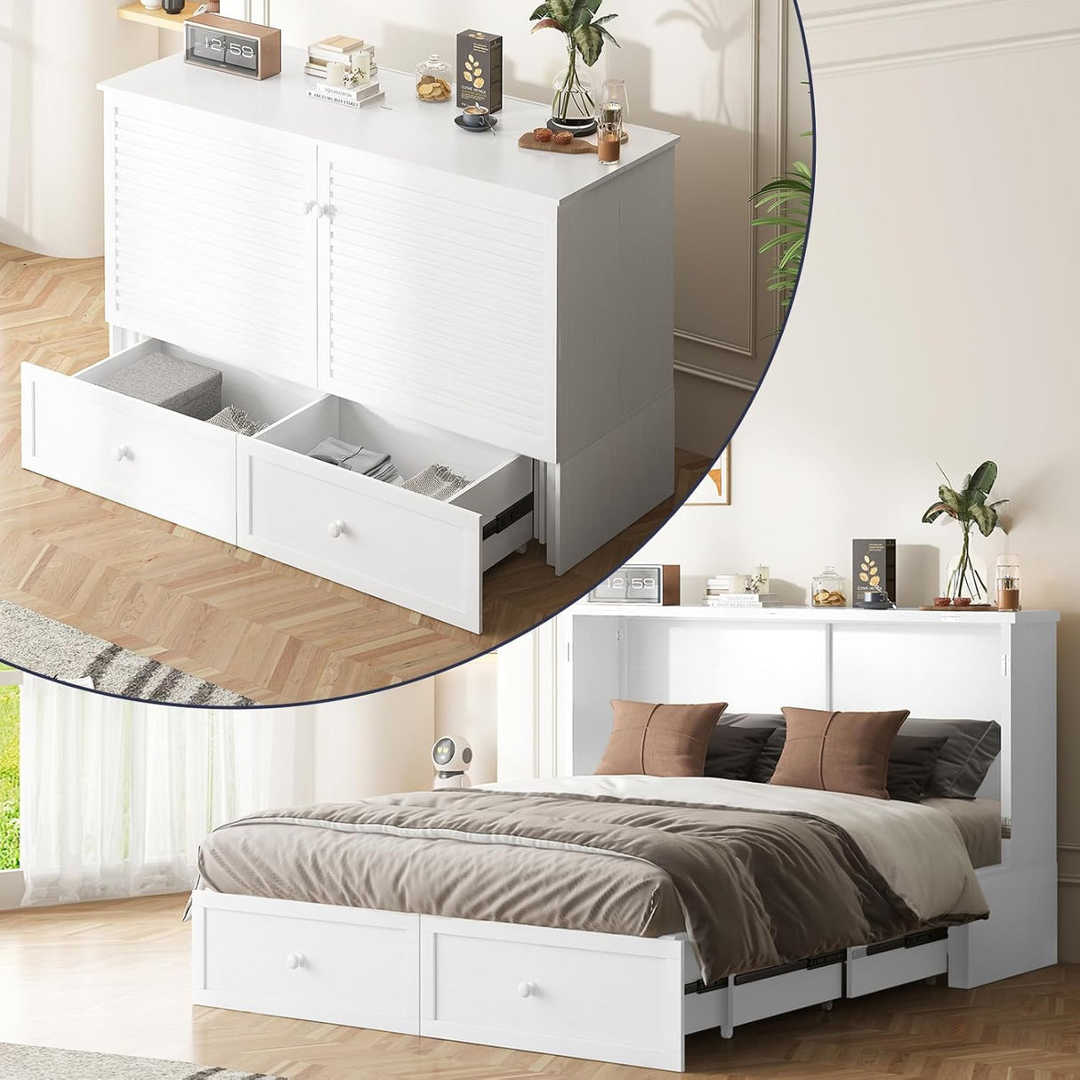 ijuicy Queen Size Murphy Bed with Foldable Foam Mattress, Cube Cabinet Bed with Multifunctional Charging Station & Extra Large Storage Drawers, Space-Saving Hideaway Bed for Guests-White ijuicy