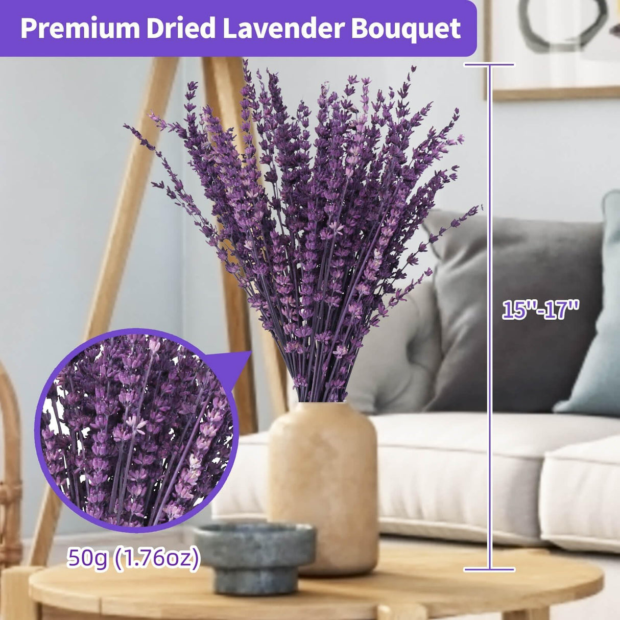 Dried Purple Lavender Flowers Bundle-Dried Preserved Lavender Bouquet 15-17" for Shower Weeding Home Vase Decor, Crafts, Aromatherapy, Fragrance, Fresh Silk Dry Live Plants, 50g(1.76oz) Glicrili