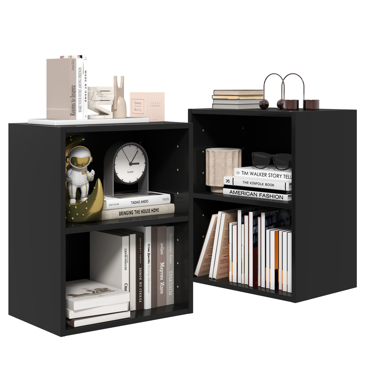 Tangkula 2-Tier Bookshelf, Open Shelf Bookcase with 7-Position Adjustable Shelf, Multifunctional Wooden Cubby Storage Display Shelf for Home Office Study Living Room (Black, 1) Tangkula