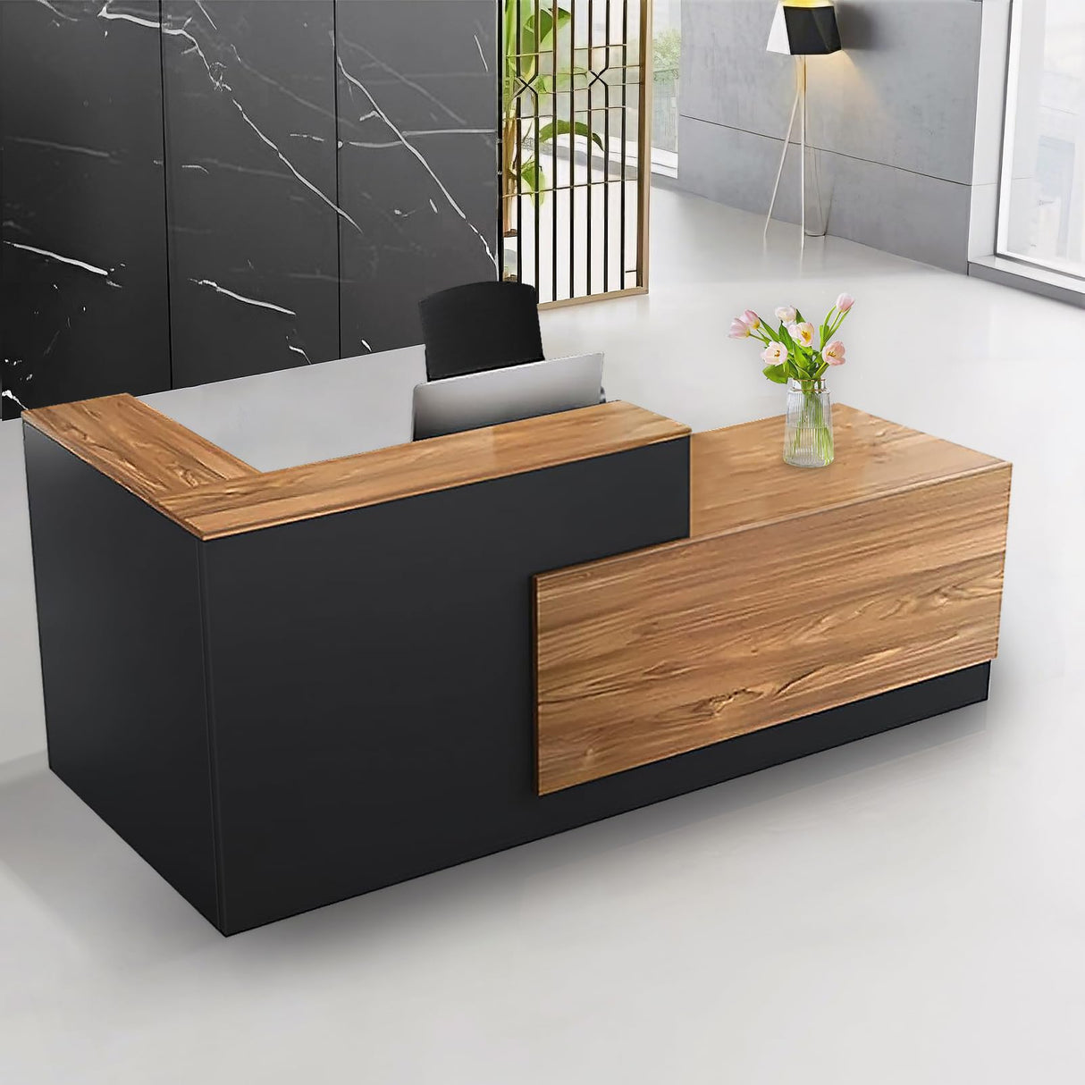 L Shaped Reception Desk with Lockable Drawer and Cable Grommets Front Desk Retail Checkout Counter Table for Salon Lobby Shop Office Reception Room Wood and Black Right 63inch/160cm Generic