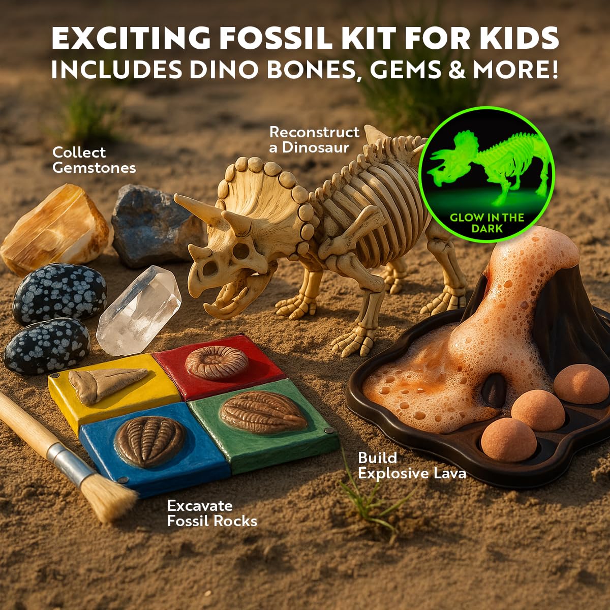 Playz Fossil Digging Kit for Kids Ages 6-12 – Dinosaur Fossil Excavation Tools, Paleontology Volcano Lab & Mining Activity Set Playz