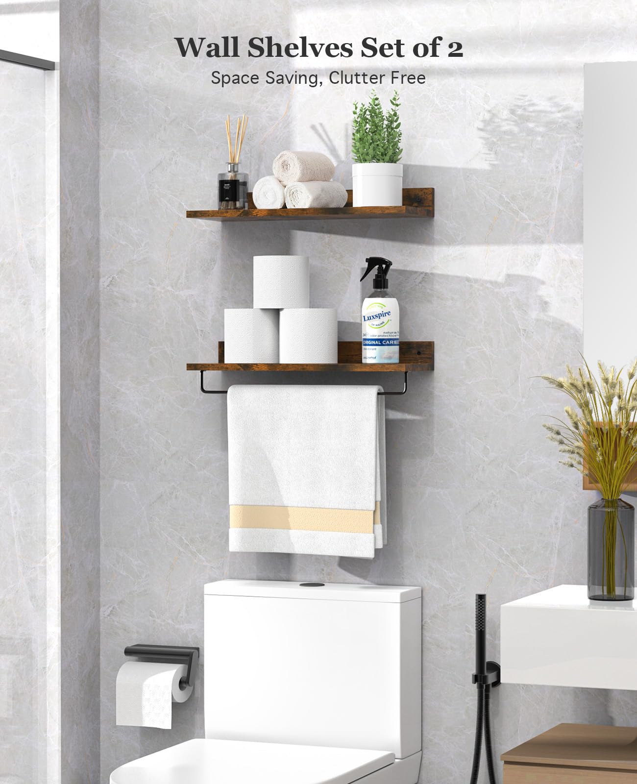 Luxspire Floating Shelves Wall Mounted, Bathroom Shelves Over The Toilet Storage, Wooden Shelves with Towel Rack, Rustic Farmhouse Wall Shelves for Bedroom Living Room Bathroom Decor, Brown, Set of 2