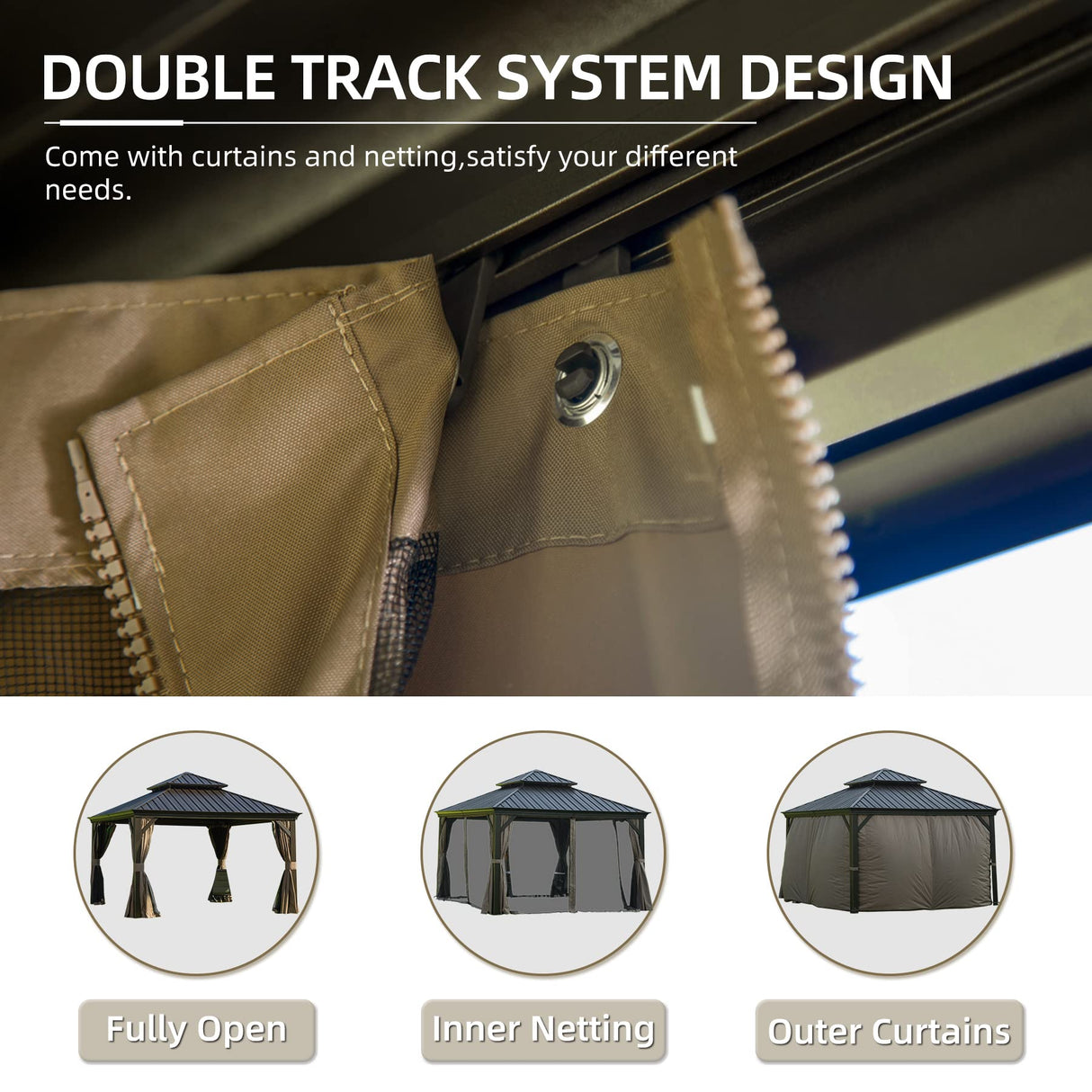 Domi 12x12FT Hardtop Gazebo with Netting & Curtains, Outdoor Aluminum Frame Gazebo with Galvanized Steel Double Roof, Outdoor Permanent Metal Pavilion for Patio Deck Lawn and Garden, Brown domi outdoor living