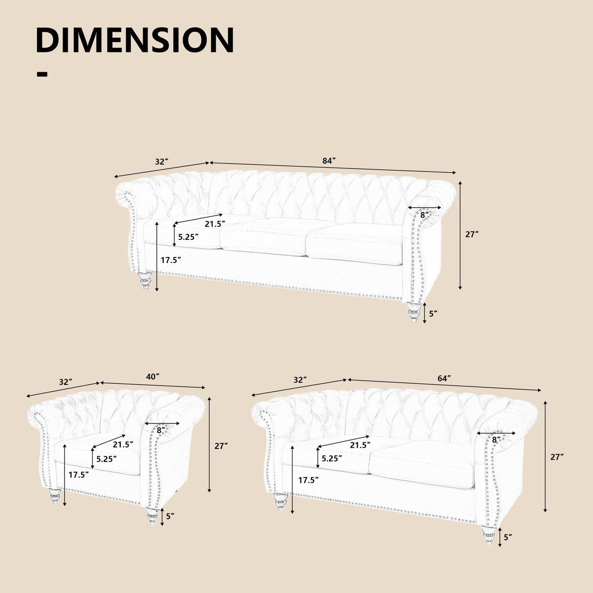 QHITTY 3 Piece Living Room Set, Sectional Chesterfield Sofa Chair Contemporary Upholstered Velvet Loveseat Couch Sets for Living Room, Bedroom, Office QHITTY