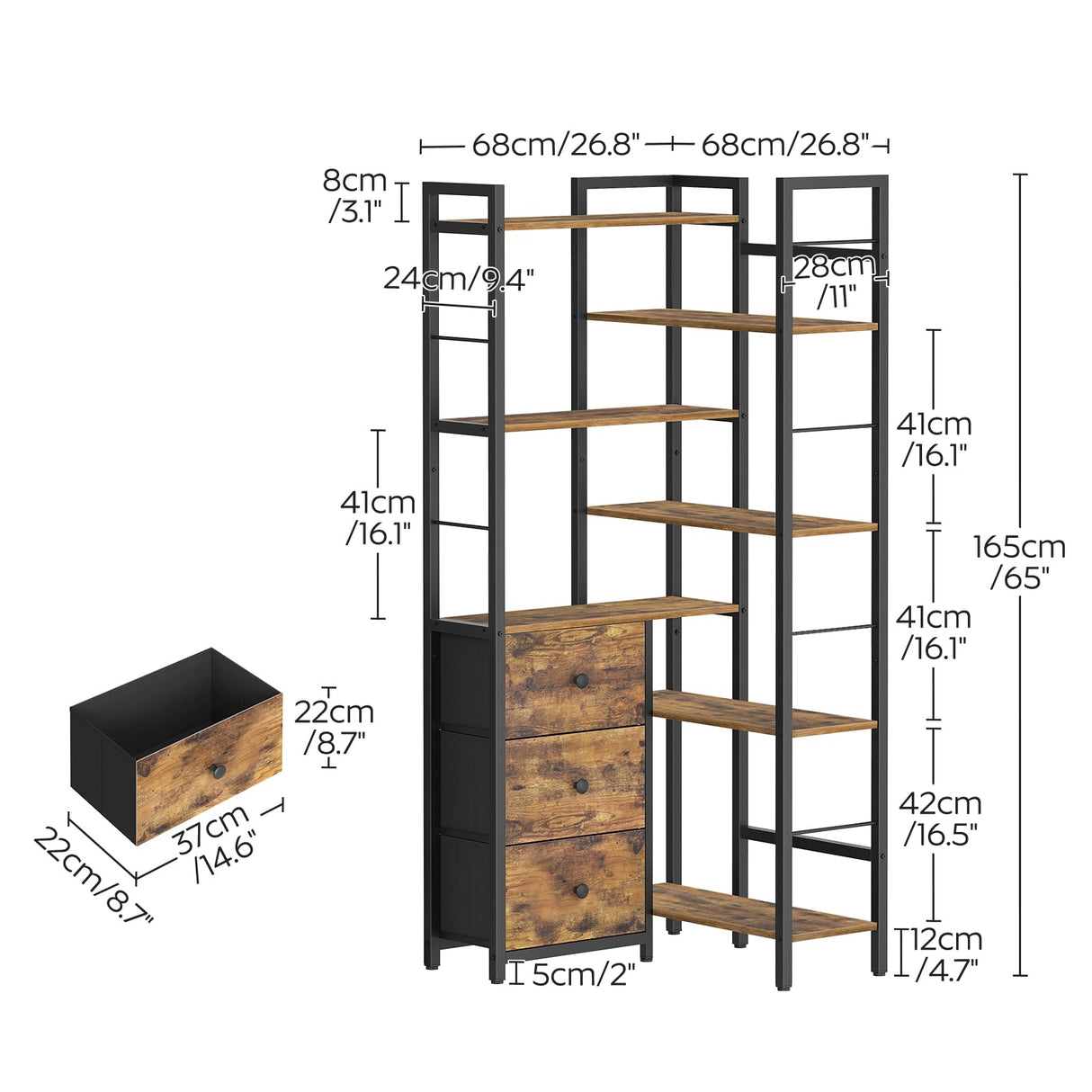 YATINEY Corner Bookshelf, 7 Tier L-Shaped Bookcase with 3 Drawers, Storage Corner Shelf, Freestanding Tall Display Shelf, Industrial Style, for Living Room, Home Office, Rustic Brown and Black SJ10BR YATINEY