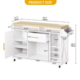 DWVO 53 Inch Kitchen Island with Power Outlet & Wine Storage, Farmhouse Island Cabinet Portable Rolling Islands Cart on Wheels with Thick Table Top Drawer Glass Holder Spice Rack, White Oak DWVO