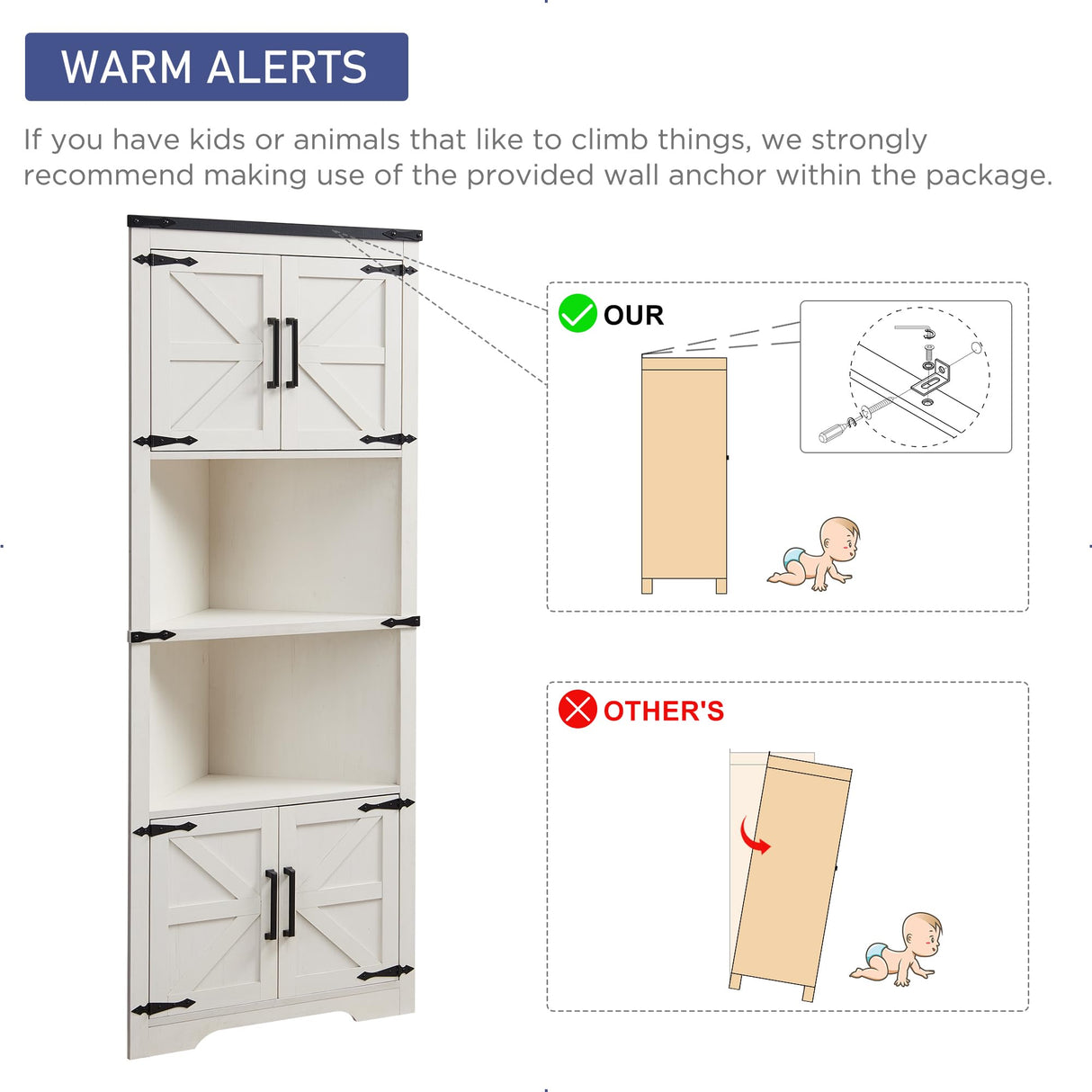 JXQTLINGMU Farmhouse Corner Cabinet, 67" Tall Corner Bathroom Storage Cabinet with 2 Barn Door & Adjustable Shelves for Kitchen, Dining Room, Living JXQTLINGMU