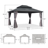 PURPLE LEAF 12' X 14' Hardtop Gazebo Patio Hardtop Gazebo with Heavy Duty Galvanized Steel Double Roof for Patio Lawn Garden, Netting and Curtains Included, Grey PURPLE LEAF