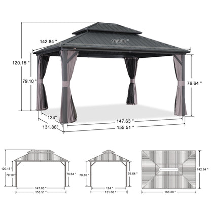 PURPLE LEAF 12' X 14' Hardtop Gazebo Patio Hardtop Gazebo with Heavy Duty Galvanized Steel Double Roof for Patio Lawn Garden, Netting and Curtains Included, Grey - WoodArtSupply