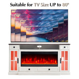 LUXOAK 70'' Large Fireplace TV Stand with 42" Fireplace, Farmhouse Entertainment Center with LED Lights for TVs up to 80'', Highboy TV Console Table with Glass Door for Living Room, Barnwood+White LUXOAK