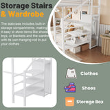 MoproBeti Twin Size Loft Bed with Stairs, Metal Loft Beds Twin with Storage Shelves, Adults Loft Bed with Wardrobe, Heavy Duty High Lofted Bed for Kids Teens,White + White Stair MoproBeti