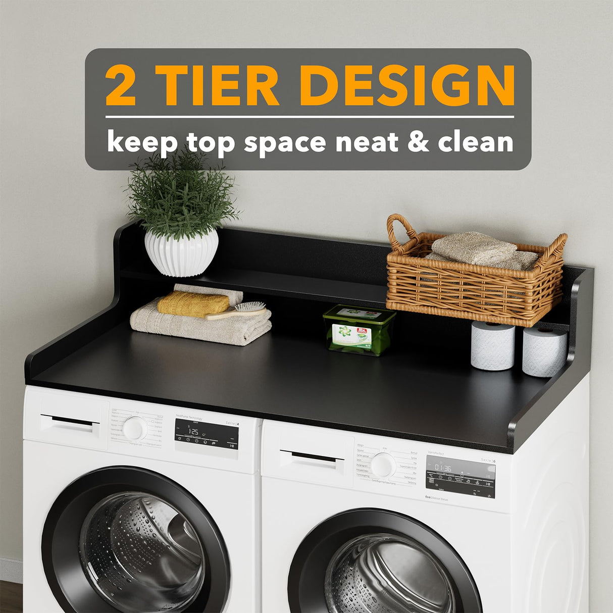 SpaceAid Washer Dryer Countertop with 2-Tier Shelf, Wood Topper with Edge, 54" Width x 27.5" Depth Cover Organizer Guard for Washer and Dryer Counter Laundry Hamper Storage (Black) SpaceAid