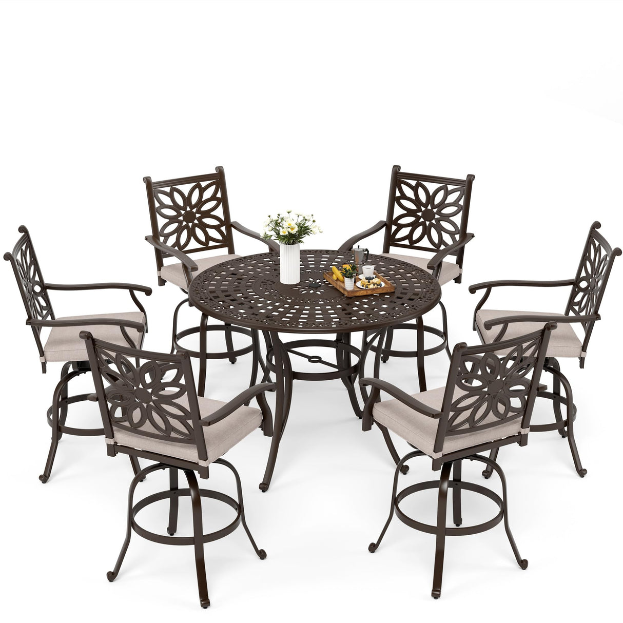 MFSTUDIO Cast Aluminum Bar Height Patio Dining Set of 7, Outdoor Table and Chairs Set with 1×54" Round Aluminum Patio Table and 6×Swivel Outdoor Bar Stool MFSTUDIO