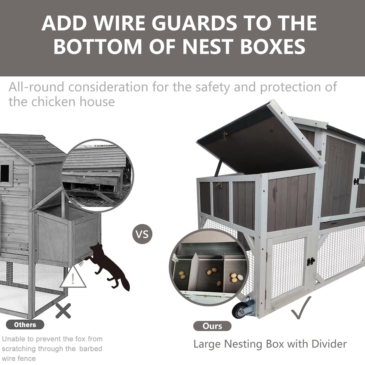 Gowoodhut Chicken Coop Mobile Wooden Hen House with Nesting Box,95.3" L Outdoor Chicken House with Wheels and Removable Tray,Fir Wood Chicken Tractor with 6 Ventilation Door and Ramp-Grey Gowoodhut
