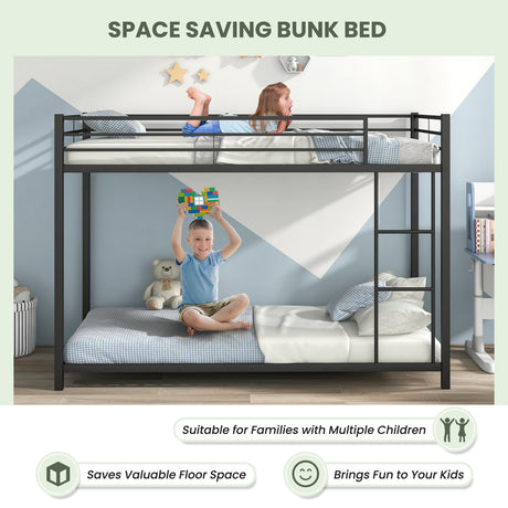 KOMFOTT Metal Low Bunk Bed Twin Over Twin, Heavy Duty Bunk Bed Frame with Ladder & Full-Length Guardrails, Metal Slatted Floor Bed Frame for Teens & Adults, No Box Spring Needed (Black) KOMFOTT