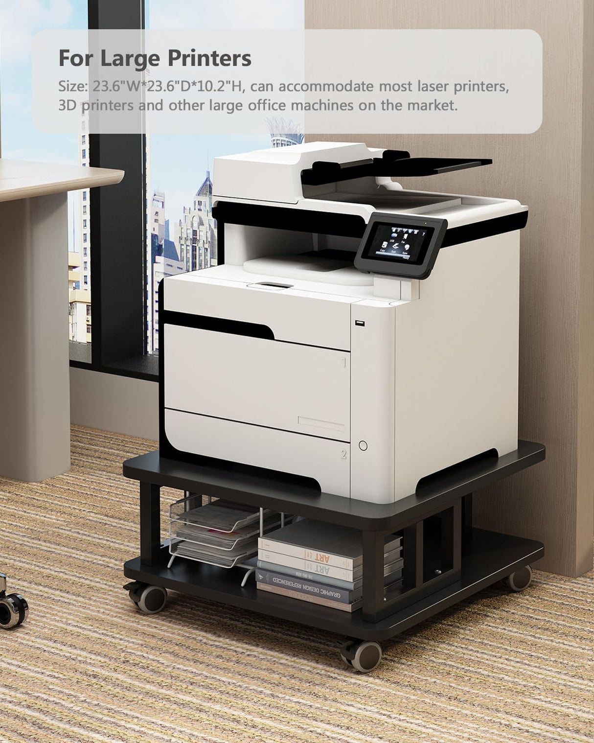 AOOSSI Mobile Printer Stand, 2-Tier Large Printer Shelf for Laser 3D Printer Office Machine with Storage, 23.6"x23.6" Wood Printer Cart Under Desk Rack with Wheels for Office Home Kitchen (Black) AOOSSI