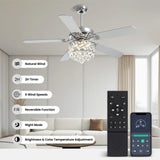 CROSSIO 52" Crystal Ceiling Fan with Light Dimmable LED Chandelier Ceiling Fan Modern Reversible Ceiling Fan Light Fixture with Remote for Bedroom Dining Room Living Room Chrome CROSSIO