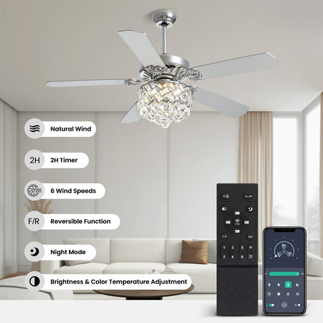 CROSSIO 52" Crystal Ceiling Fan with Light Dimmable LED Chandelier Ceiling Fan Modern Reversible Ceiling Fan Light Fixture with Remote for Bedroom Dining Room Living Room Chrome CROSSIO