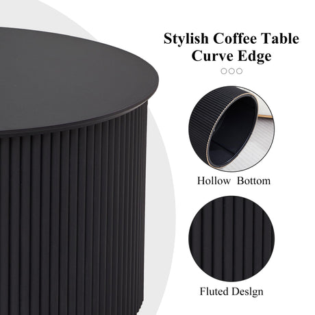 Fluted Round Nesting Coffee Table Set of 2, Mid Century Modern Wood Coffee Table and End Table Set, Minimalist Center Tables Circle Side Table for Living Room, Office(Black RUSTYER