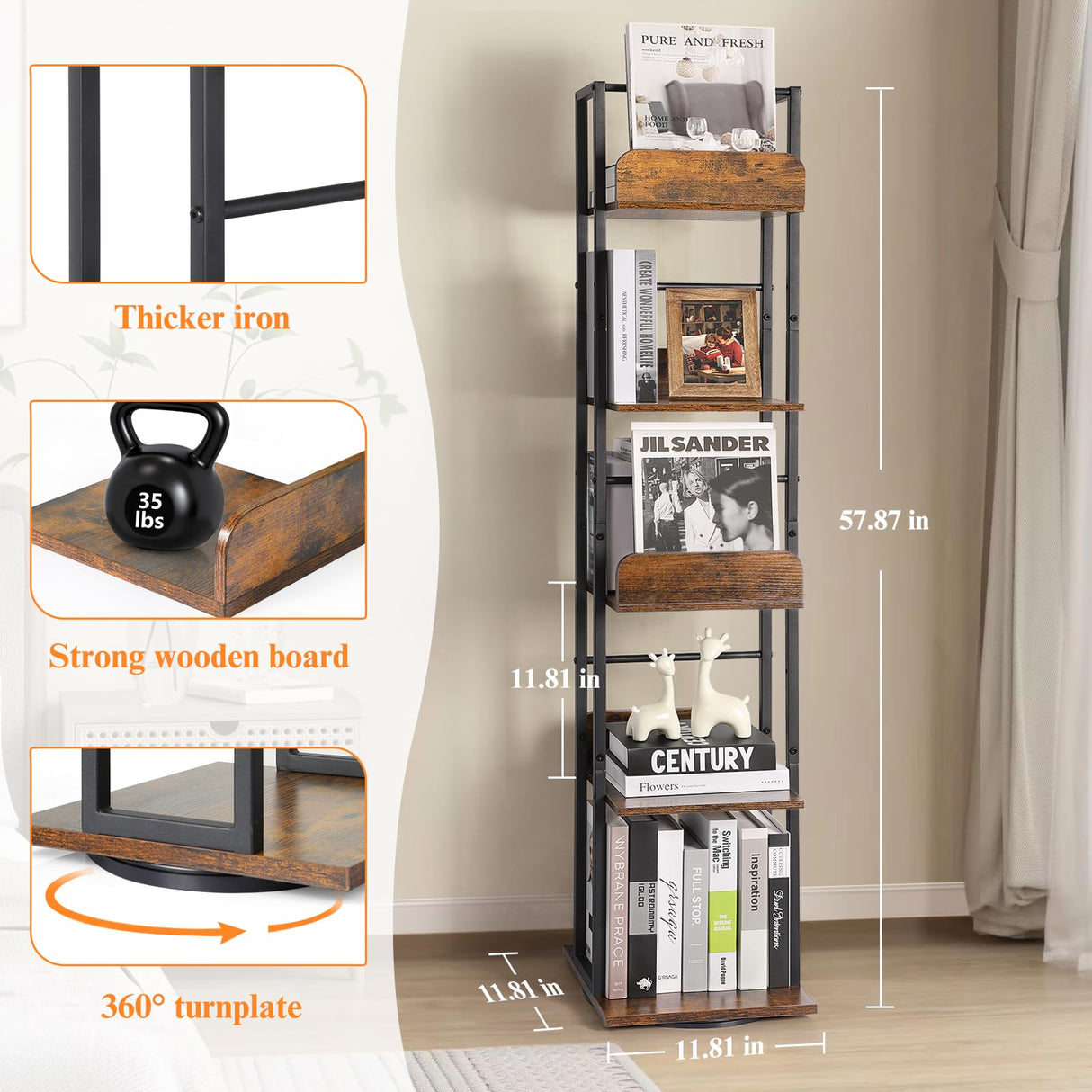 Bikoney 5-Tier Rotating Corner Bookshelf - Tall Industrial Black Wood & Metal Bookcase Bikoney