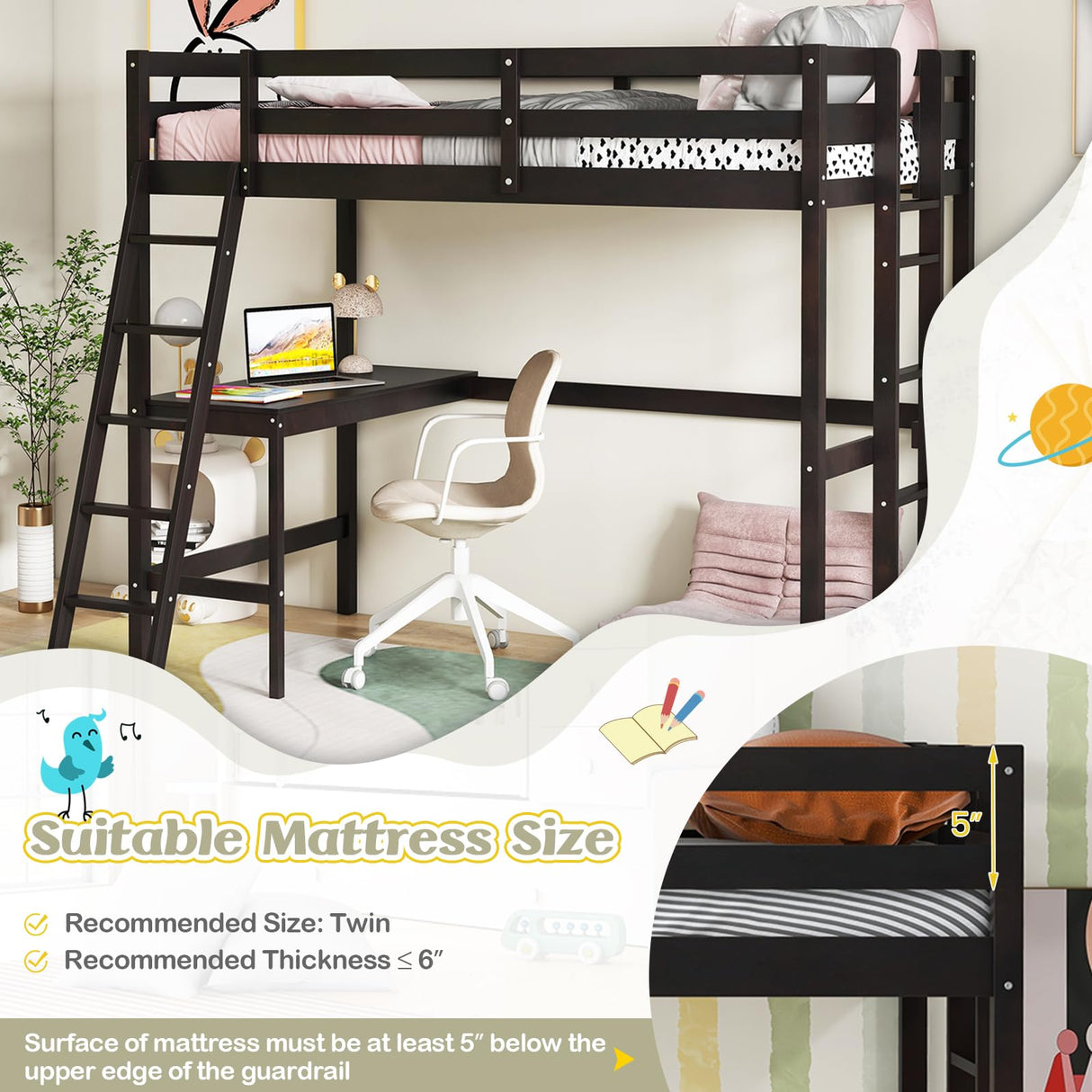 KOMFOTT Solid Wood Twin Loft Bed with Integrated Desk and Dual Ladders KOMFOTT