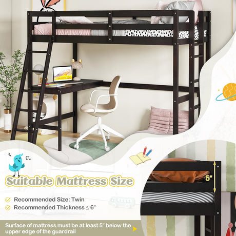 KOMFOTT Solid Wood Twin Loft Bed with Integrated Desk and Dual Ladders KOMFOTT