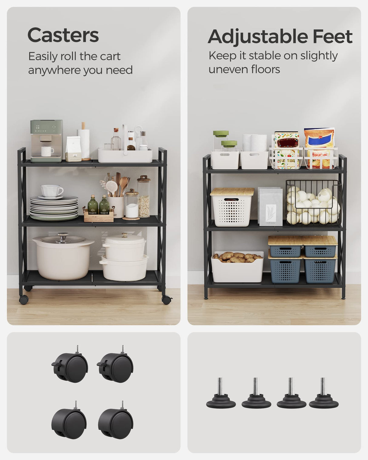 SONGMICS 3-Tier Metal Storage Rack with Wheels, Mesh Shelving Unit with X Side Frames, 31.5-Inch Width, for Entryway, Kitchen, Living Room, Bathroom, Industrial Style, Black UBSC183B01 SONGMICS