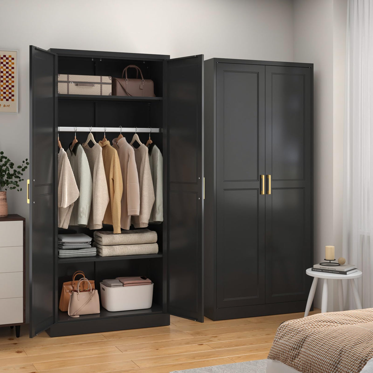 SteeLoong Metal Wardrobe Cabinet with Hanging Rod, 71" Tall Armoire Wardrobe Closet with 2 Doors and Adjustable Shelves, Black Clothing Storage Cabinets for Bedroom, Laundry Room, Cloak Room SteeLoong