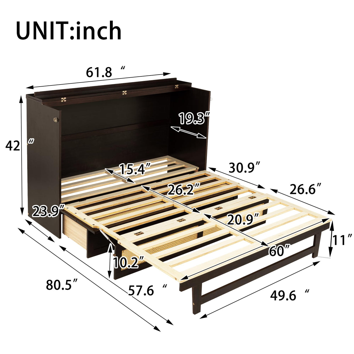 PVWIIK Queen Size Multi-Functional Bed Frame with Rattan Decoration Panel and Drawer for Girls/Boys,Home Office, Studio,Bedroom,Cabinet Murphy Bed w/Plank Support,No Box Spring Needed, Espresso PVWIIK