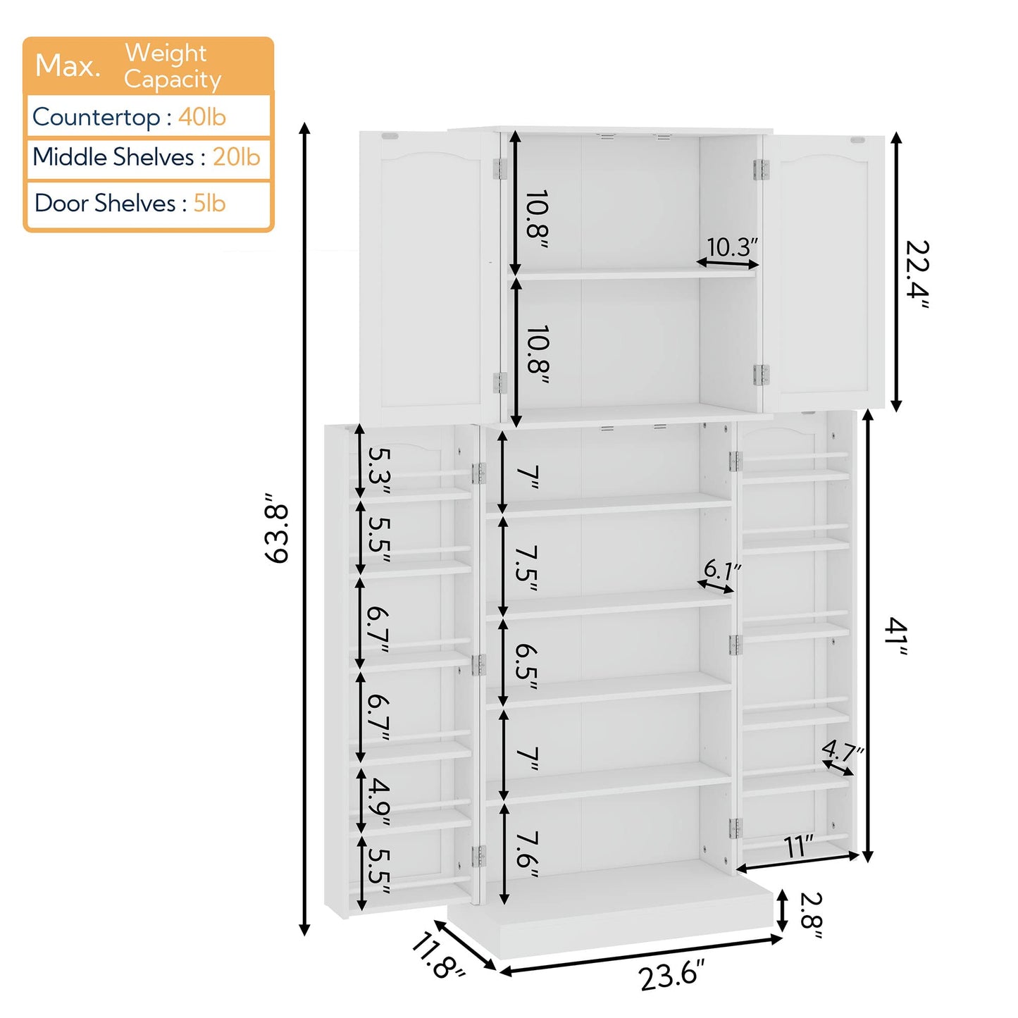 Yusong Tall Kitchen Pantry Storage Cabinet with Doors and Shelves, Wooden Food Pantry Farmhouse Cupboard Freestanding Buffet Kitchen Dining Living Room White