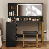 DWVO Vanity Desk with LED Lighted Mirror and 3 Lighting Modes, L-Shaped Corner Vanity, 48" Large Dressing Table with 5 Tempered Glass Drawers with Open Storage Shelves Vanity Table, Black DWVO