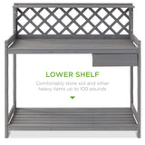 Best Choice Products Outdoor Garden Potting Bench, Wooden Workstation Table w/Cabinet Drawer, Open Shelf, Lower Storage, Lattice Back - Gray Best Choice Products