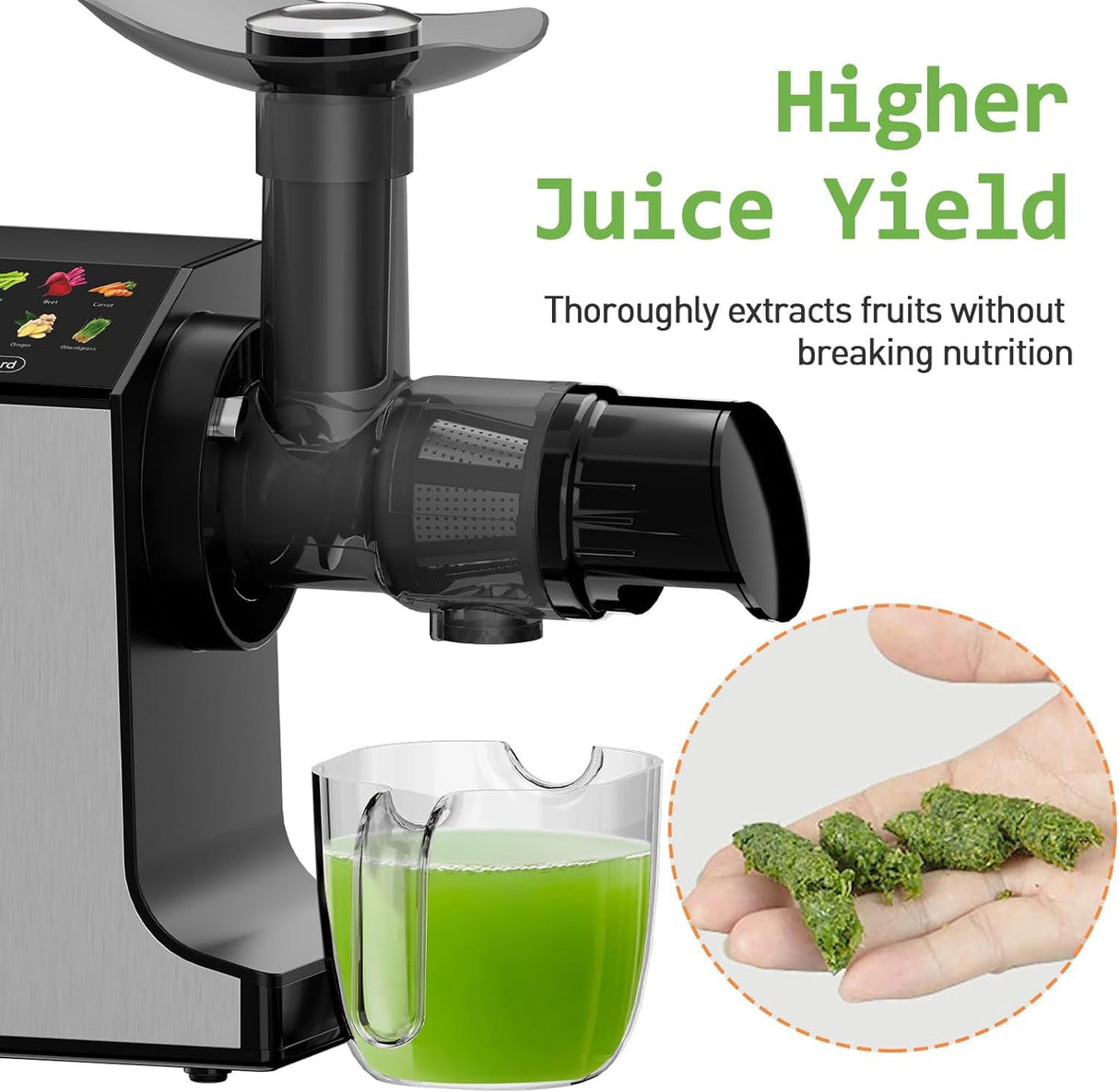 WHUTO Masticating Juicer Machines, Cold Press Juicer, Easy to Clean with Brush, Touch Screen Stainless Juicer Machines for Vegetable & Fruit, Juice Maker with Quiet Motor & 2 Speed Modes, Black Whuto
