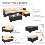 Rattaner Outdoor Sectional Wicker Patio Furniture Long Patio Couch with Ottoman and Outdoor Storage Table 4 Pieces Patio Furniture Set Weathering Anti-Slip Cushions Waterproof Covers, Khaki Rattaner