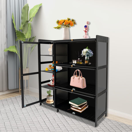 BANEBONE Display Cabinet with Acrylic Doors, 7 Storage Spaces Storage Cabinet & Curio Cabinet with Clear Acrylic Doors, Modern Black Bamboo & Composite Wood for Collectibles, Kitchen, Living Room BANEBONE