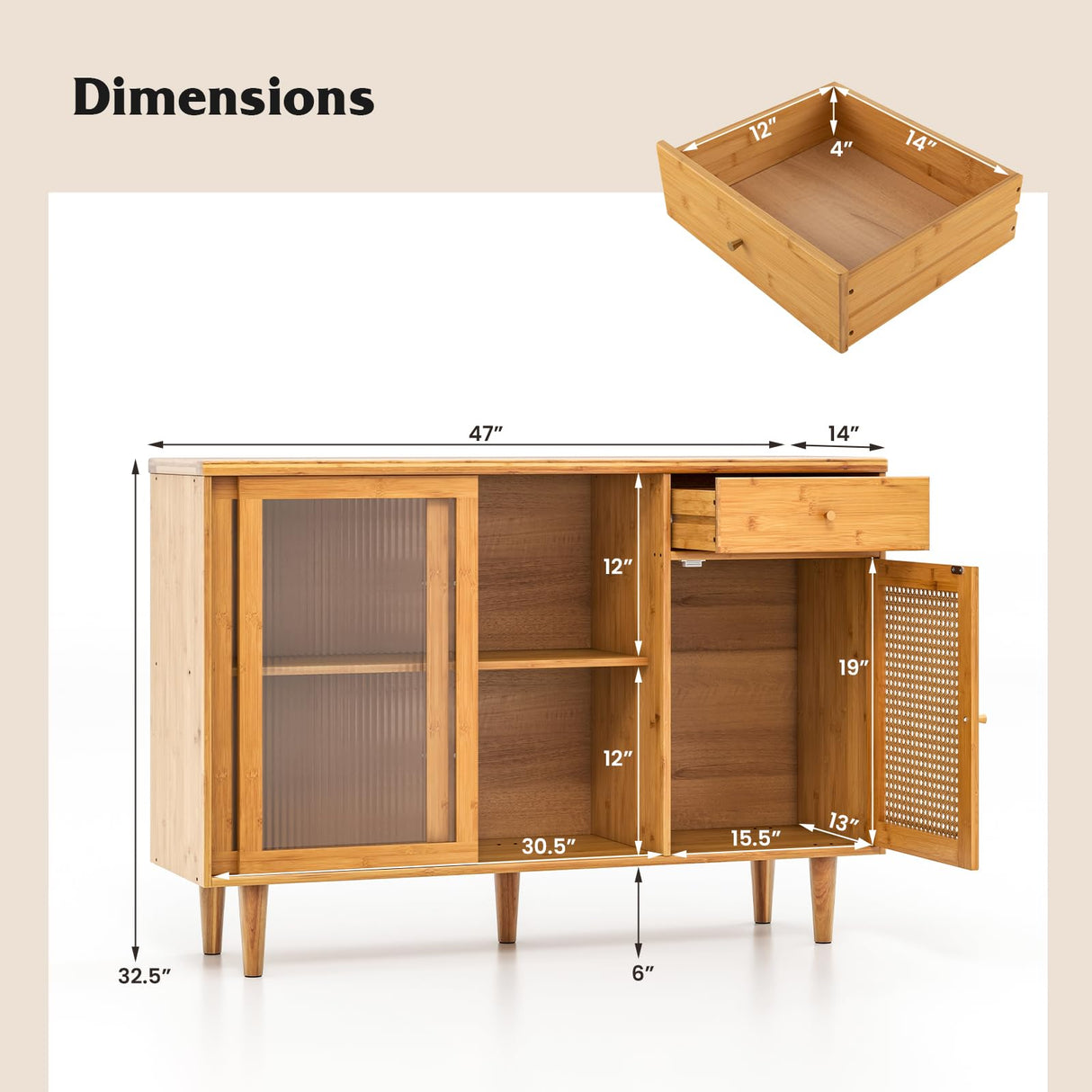 LOKO Buffet Cabinet, Modern Bamboo Sideboard with Tempered Glass Sliding Doors, Rattan Door Home Bar, Boho Coffee Bar Cabinet for Living Room Hallway LOKO